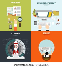 Set of flat design illustration concepts for business, finance, consulting, management, human resources, career, employment agency, startup, technology.