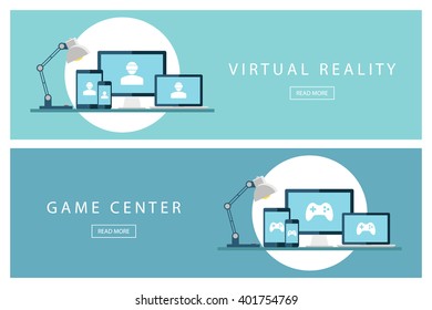 Set of flat design illustration concepts Virtual reality and Game center. Banners for web design, marketing and promotion. Presentation templates. Vector illustration.