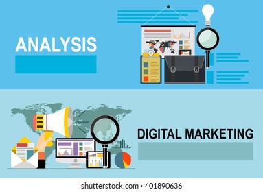 Set of flat design illustration concepts for video and digital marketing.Concepts for business planning and accounting, analysis, team work,audit, project management, marketing.