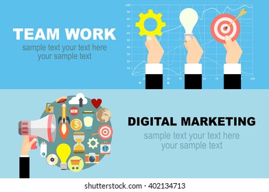 Set of flat design illustration concepts for video and digital marketing.Concepts for business planning and accounting, analysis, team work,audit, project management, marketing.