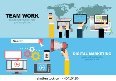Set of flat design illustration concepts for video and digital marketing.Concepts for business planning and accounting, analysis, team work,audit, project management, marketing.