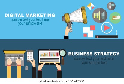 Set of flat design illustration concepts for video and digital marketing.Concepts for business planning and accounting, analysis, team work,audit, project management, marketing.