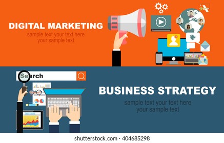 Set of flat design illustration concepts for video and digital marketing.Concepts for business planning and accounting, analysis, team work,audit, project management, marketing.