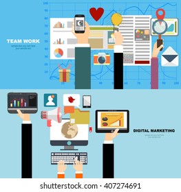 Set of flat design illustration concepts for video and digital marketing.Concepts for business planning and accounting, analysis, team work,audit, project management, marketing.