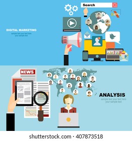 Set of flat design illustration concepts for video and digital marketing.Concepts for business planning and accounting, analysis, team work,audit, project management, marketing.