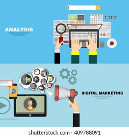 Set of flat design illustration concepts for video and digital marketing.Concepts for business planning and accounting, analysis, team work,audit, project management, marketing.