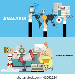 Set of flat design illustration concepts for video and digital marketing.Concepts for business planning and accounting, analysis, team work,audit, project management, marketing.