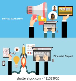 Set of flat design illustration concepts for video and digital marketing.Concepts for business planning and accounting, analysis, team work,audit, project management, marketing.