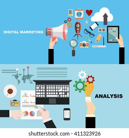 Set of flat design illustration concepts for video and digital marketing.Concepts for business planning and accounting, analysis, team work,audit, project management, marketing.
