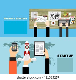 Set of flat design illustration concepts for business, finance, consulting, management, team work, analysis, strategy and planning, startup. Concepts for web banner and printed materials.