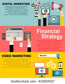 Set of flat design illustration concepts for video and digital marketing.Concepts for business planning and accounting, analysis, team work,audit, project management, marketing.