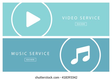 Set of flat design illustration concepts Video service and Music service. Banners for web design, marketing and promotion. Presentation templates. Vector illustration.