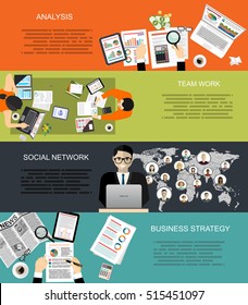 Set of flat design illustration concepts for business analysis, finance, consulting, management, team work, human resources, social network, employment agency, staff training,money, technology.