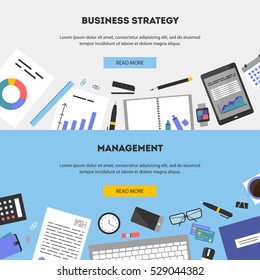 Conjunto de conceptos de ilustración de diseño plano para negocios, finanzas, consultoría, administración, análisis, vista superior del espacio de trabajo. Conceptos para el Anuncio de Web y materiales impresos, Ilustración vectorial.