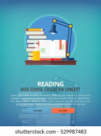 Set of flat design illustration concepts for reading. Education and knowledge ideas. 