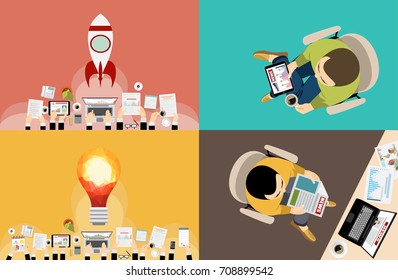 Set of flat design illustration concepts for business, finance, team work, consulting, management, anaysis, career, employment agency, staff training,money, technology,startup,creative.