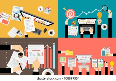 Set of flat design illustration concepts for business, finance, team work, consulting, management, anaysis, career, employment agency, staff training,money, technology,startup,creative.