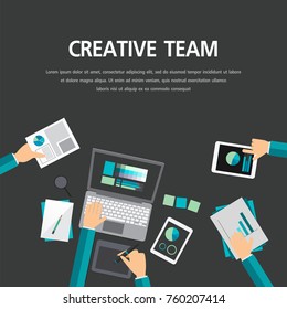  Set of flat design illustration concepts for Business Teamwork, Creative brain storm concept. people working on the laptop in flat lay style with laptop, board,magnifier glass,tablet, and document.