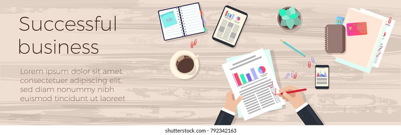 Set of flat design illustration concepts for business plan and marketing plan. Concepts for web banner and promotional material. Top view of office desk, hands, office equipment