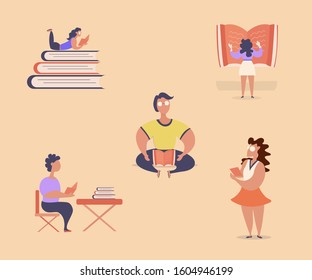 Set Of Flat Design Illustration. Different People Resting their times for reading books . Cute Flat Illustrations For Using In Different Ways