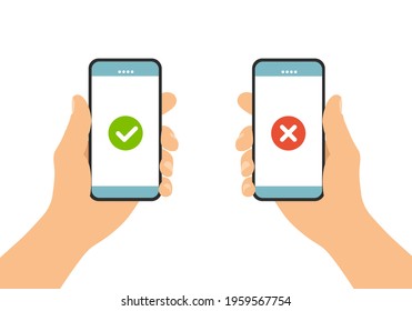 Set Flat design illustration of male hand holding touch screen mobile phone. Agree and reject on display - vector