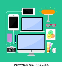  Set of Flat design illustration of modern business office and workplace .Graphic Design Editable For Your Design.