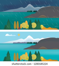 Set flat design illustration of mountain landscape with lake and forest, with sunny and rainy weather and clouds, with snowy hills on background - vector
