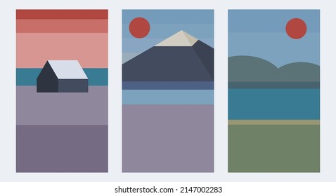 Set of Flat design illustration scenery vector polygonal portrait style bundle. Minimalist style. Can use for wallpaper mobile, mobile design, UI UX, and social media template.