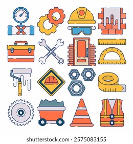 A set of flat design illustrations featuring construction tools and elements, including a hard hat, wrench, gears, bricks, safety vest, toolbox, and traffic cone. Perfect for construction themes.