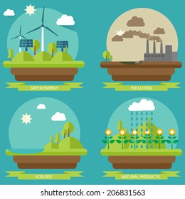 Set flat design illustrations with icons of environment, green energy and pollution. Ecology flat design, flat ecology energy, icon flat ecology