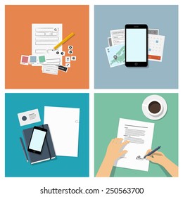 Set of flat design illustrations, top view - mobile app development & business concept