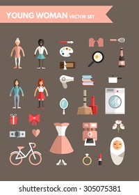 Set of Flat Design Infographic Elements. Young Woman and Woman Stuff. Dress, Pan, Washer, Gift, Bicycle, Hairdryer, Flowers, Cosmetics