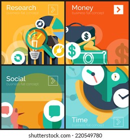Set of flat design internet business banners concepts for web. Research graph and magnifying glass, money briefcase, social head chat communication and world time idea