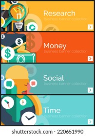 Set of flat design internet business banners concepts for web. Research graph and magnifying glass, money briefcase, social head chat communication and world time idea