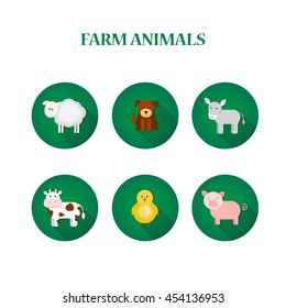 Set of flat design isolated icons with farm animals