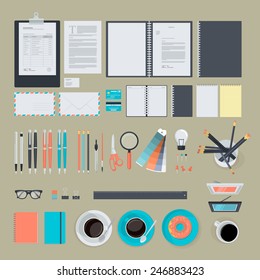 Set of flat design items for business, finance, marketing, graphic design development, project management. Icons for website design, print material, infographics, web and mobile services and apps.