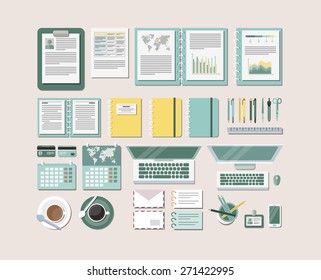 Set of flat design items for business, finance, marketing, graphic design development, project management. Icons for website design and infographics.