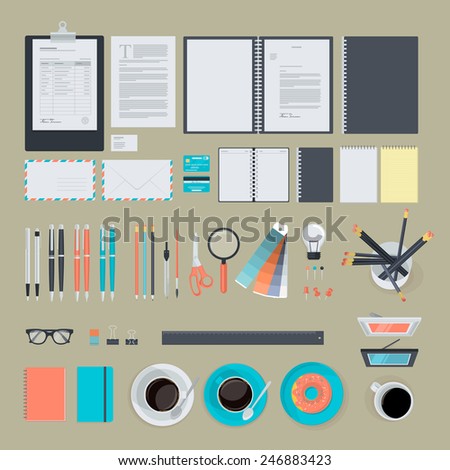Set of flat design items for business, finance, marketing, graphic design development, project management. Icons for website design, print material, infographics, web and mobile services and apps.