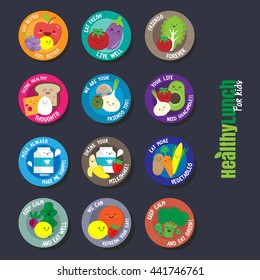 Set of flat design labels for healthy food. Quotes for kids.