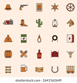 Set of flat design, line art icons depicting various elements associated with the Old West.  Each icon represents a different aspect of the historical period, from attire and equipment to objects 