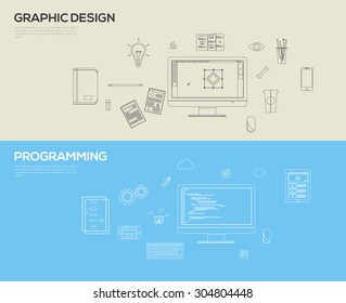 Set of flat design line art illustration concepts for web design development and graphic design
