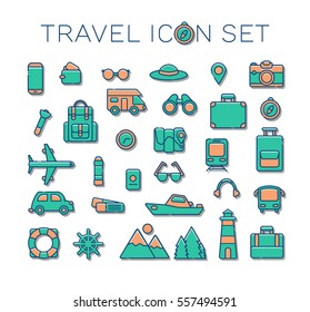 Set of flat design, line travel icons, vector illustration