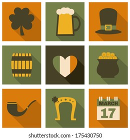 A set of flat design long shadow icons for St. Patrick's Day, isolated on white.