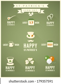 Set of flat design long shadow icons for St. Patrick's Day