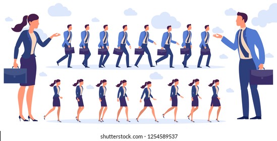 Set of  flat design man and  woman character animation poses - speaking, shopping, talking phone, arm crossed, finger up, hand shake, winner,  siting, meditation, relaxation etc.