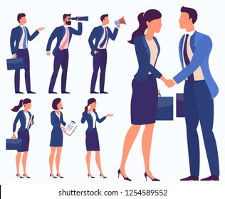 Set of  flat design man and  woman character animation poses - speaking, shopping, talking phone, arm crossed, finger up, hand shake, winner,  siting, meditation, relaxation etc.