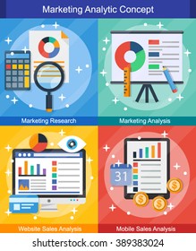 Set of flat design marketing analytics icons and concept