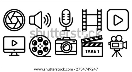 Set of flat design media and entertainment icons for multimedia production and communication Vector Icon Bundle