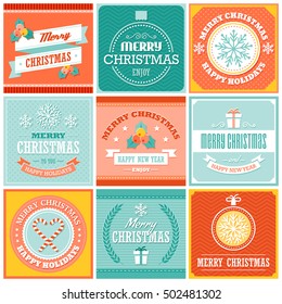 Set of flat design Merry Christmas and New Year cute ready-to-use greeting cards and banners isolated on white background. Christmas badges, banners, labels, templates, design elements.