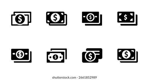 Esta Imagen muestra una colección de iconos de diseño plano en blanco y negro que representan pilas de dinero.